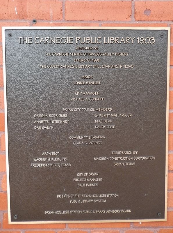 Carnegie Public Library: 1999 Restoration Plaque image. Click for full size.