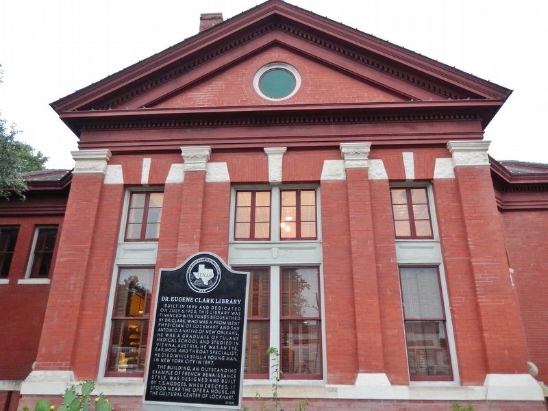 Dr. Eugene Clark Library Marker (<i>wide view showing south side of Library</i>) image. Click for full size.