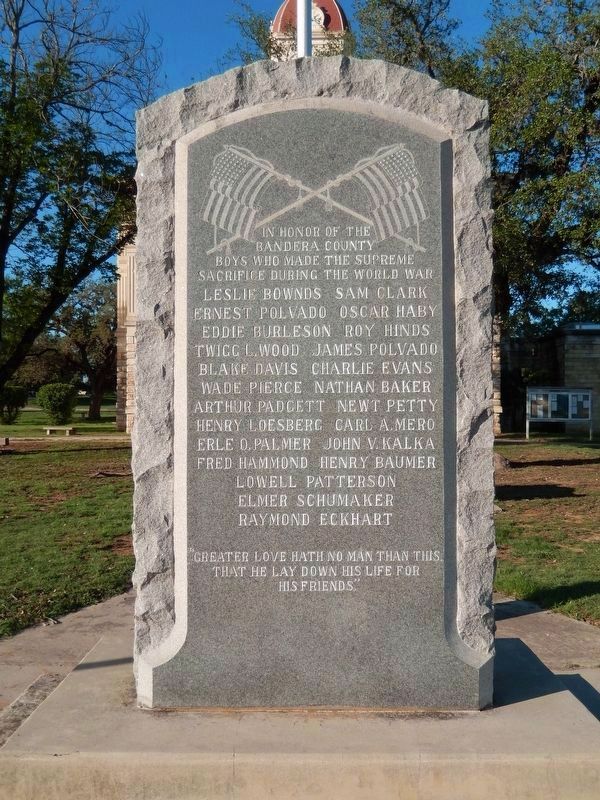 Bandera County World War Memorial (<i>in front of courthouse</i>). Click for full size. Bandera County World War Memorial (<i>in front of courthouse</i>) image. Click for full size.
