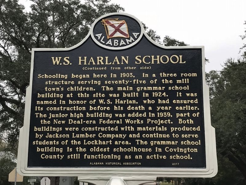 W.S. Harlan School Marker (back) image. Click for full size.