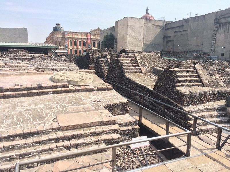 A view of the Templo Mayor ruins from the pedestrian bridge. Click for full size. A view of the Templo Mayor ruins from the pedestrian bridge image. Click for full size.