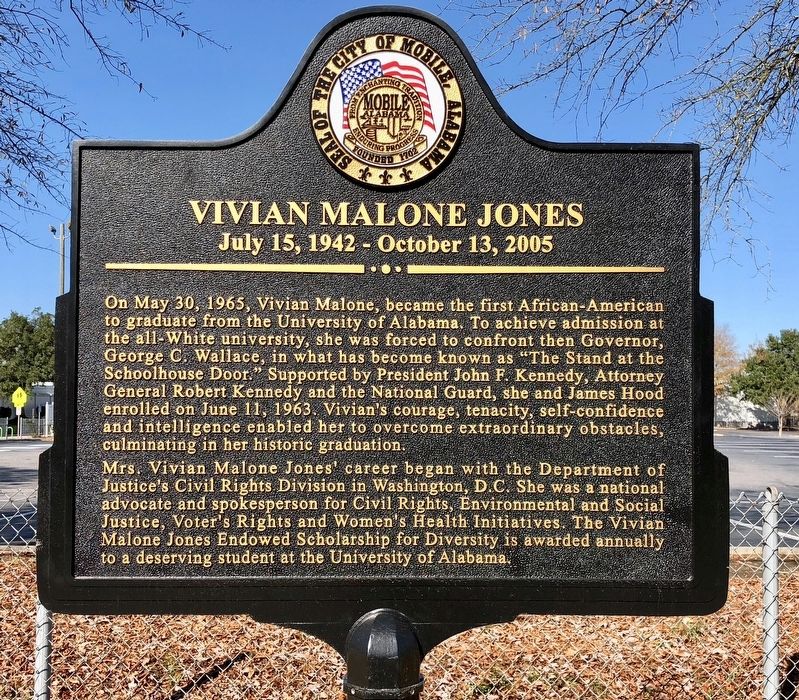 Vivian Malone Jones Marker (Side 1). Click for full size. Vivian Malone Jones Marker (Side 1) image. Click for full size.