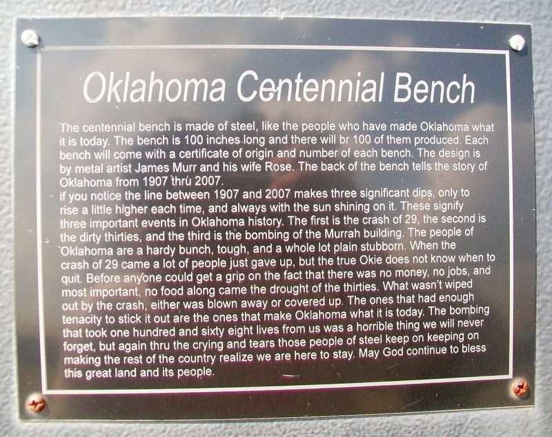 Oklahoma Centennial Bench Marker. Click for full size. Oklahoma Centennial Bench Marker image. Click for full size.