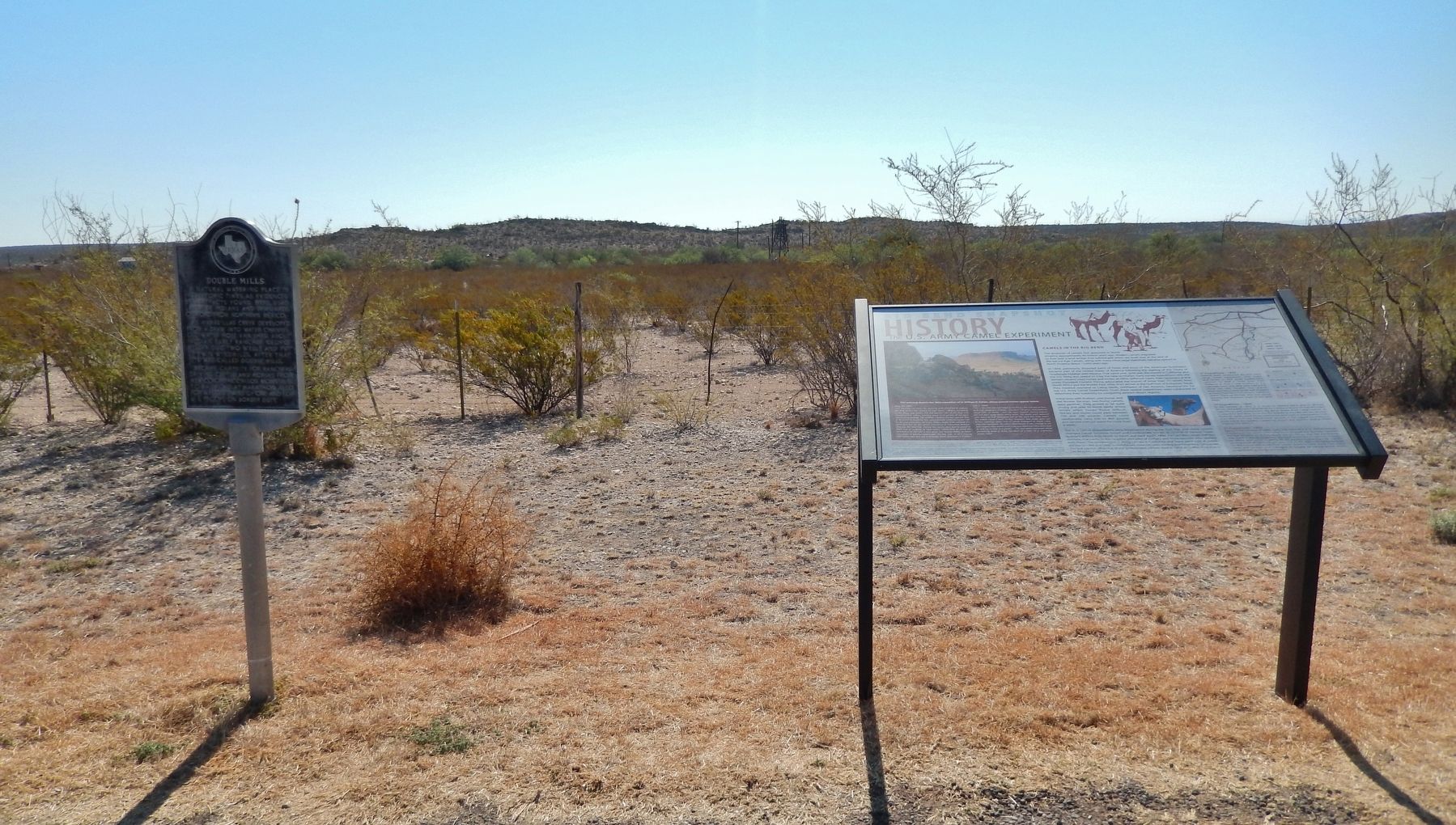 U.S. Army Camel Experiment Marker (<i>wide view showing adjacent marker</i>). Click for full size. U.S. Army Camel Experiment Marker (<i>wide view showing adjacent marker</i>) image. Click for full size.
