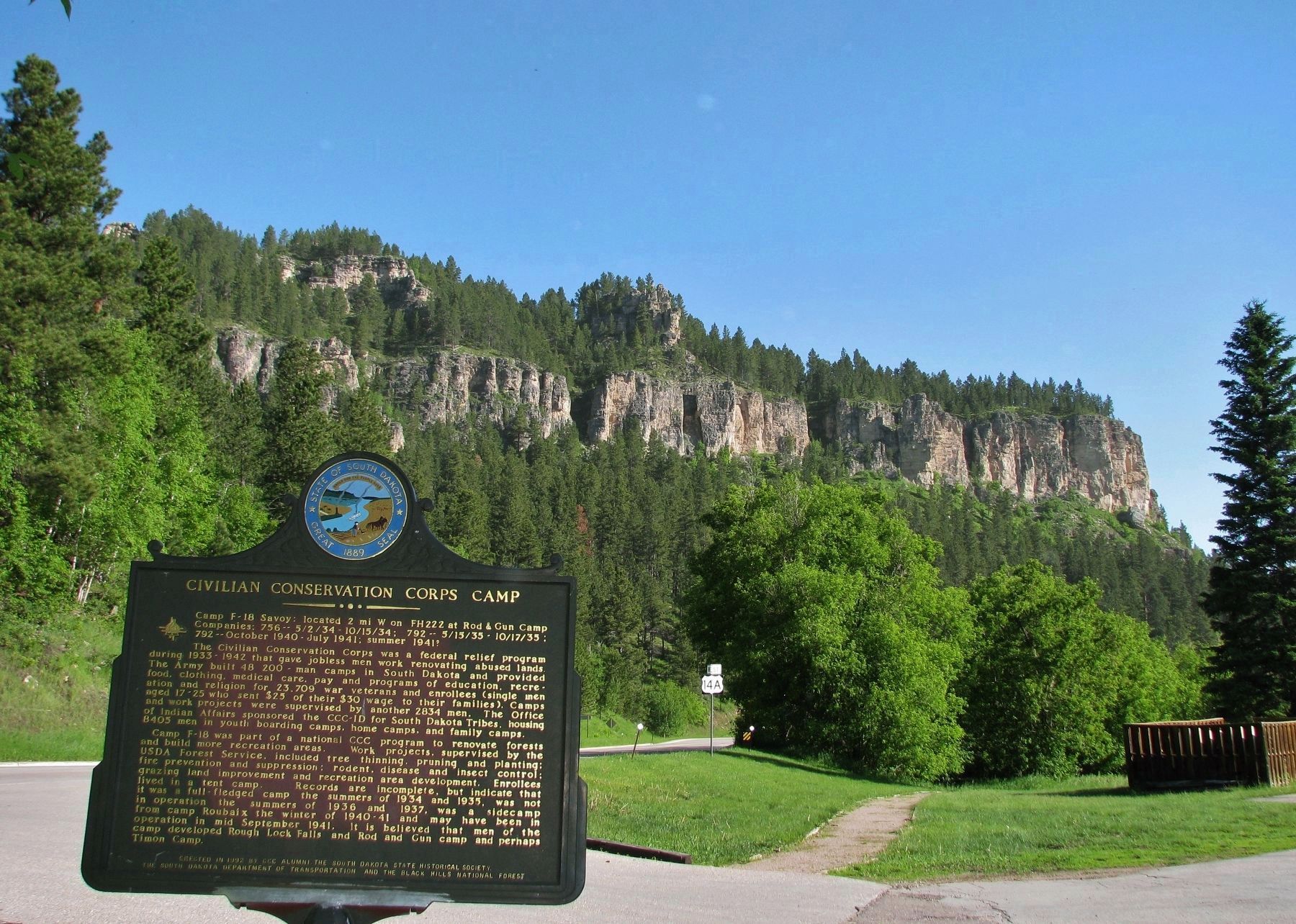 Civilian Conservation Corps Camp Marker (<i>wide view north through Spearfish Canyon</i>). Click for full size. Civilian Conservation Corps Camp Marker (<i>wide view north through Spearfish Canyon</i>) image. Click for full size.