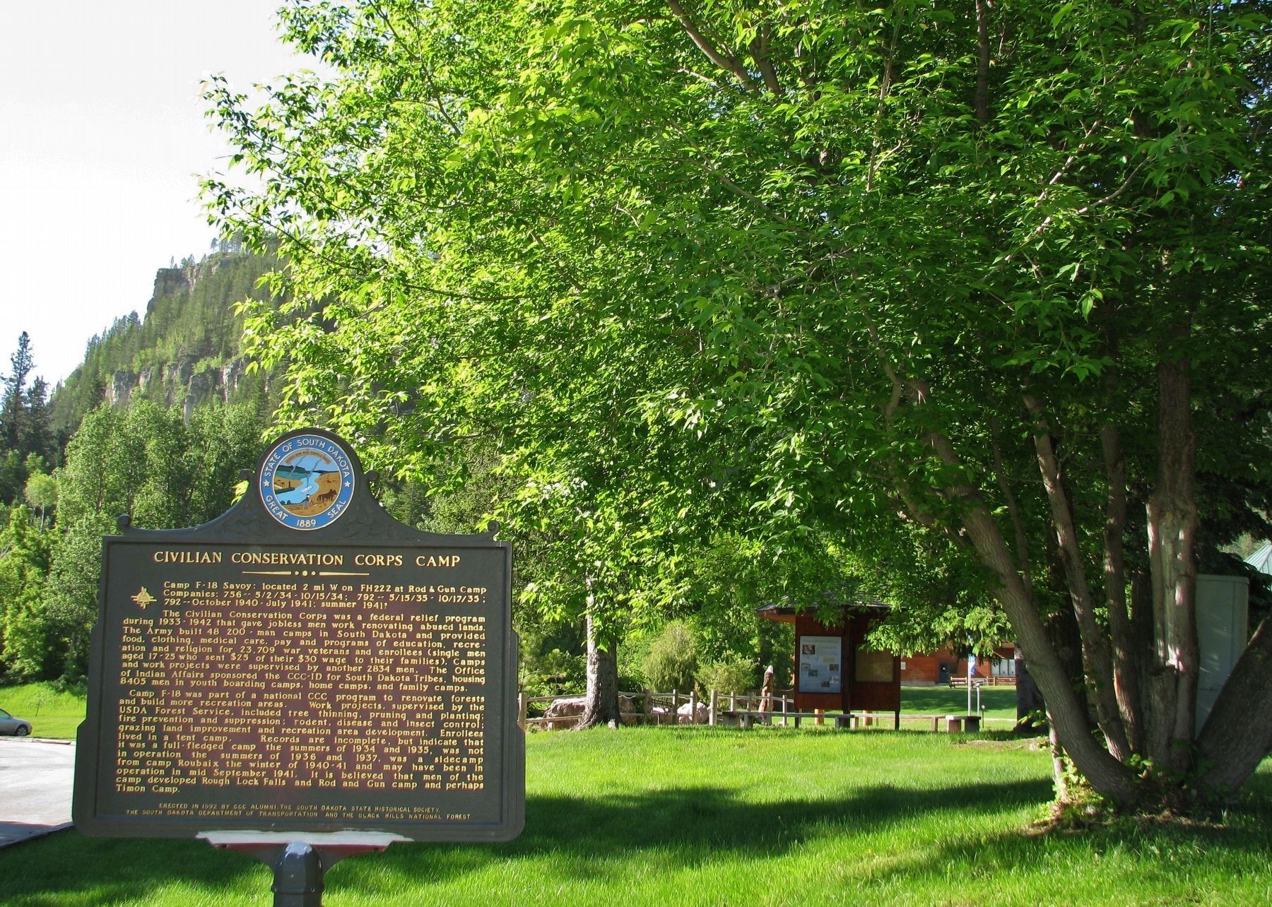 Civilian Conservation Corps Camp Marker (<i>wide view south to Roughlock Falls</i>) image. Click for full size.
