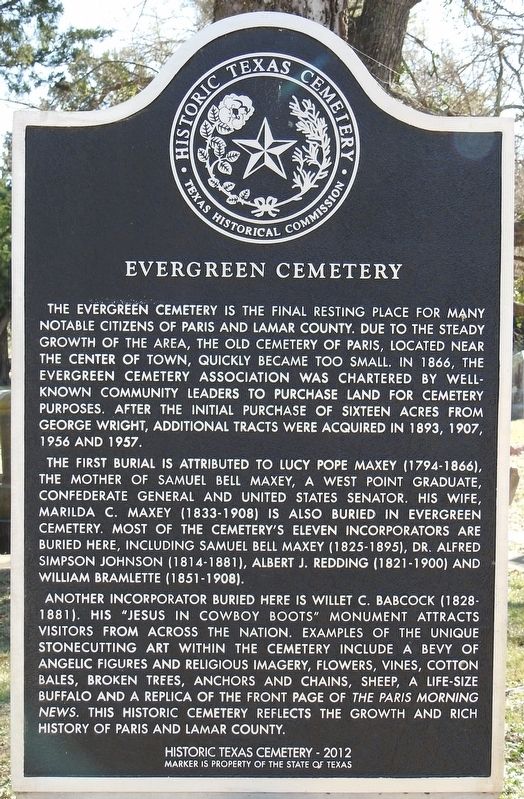 Evergreen Cemetery Texas Historical Marker. Click for full size. Evergreen Cemetery Texas Historical Marker image. Click for full size.