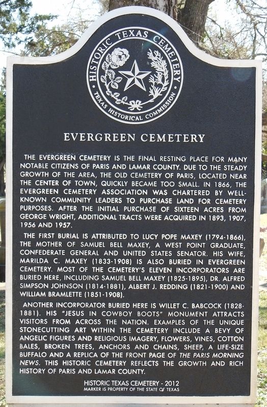 Evergreen Cemetery Texas Historical Marker image. Click for full size.