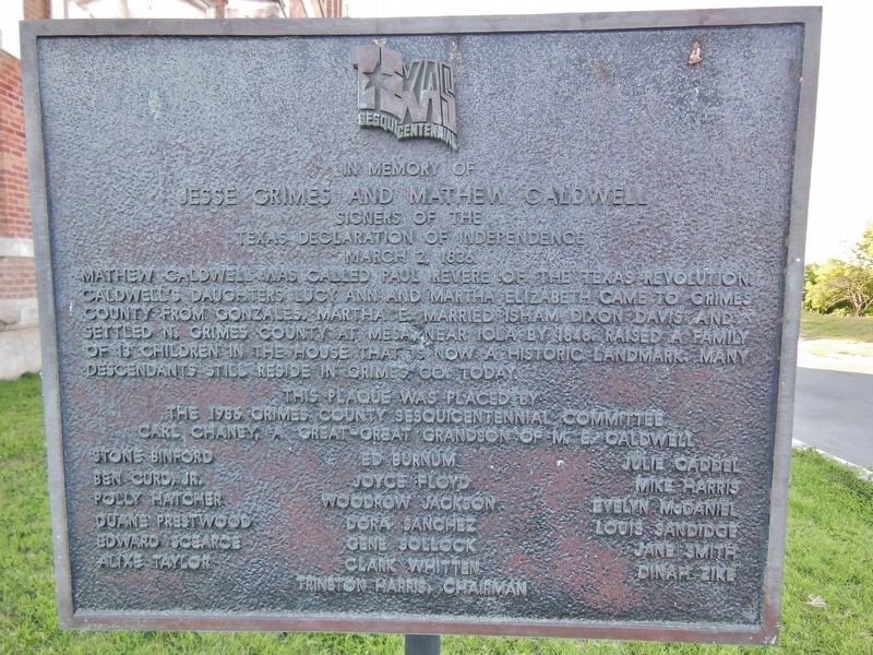 In Memory of Jesse Grimes and Mathew Caldwell Marker. Click for full size. In Memory of Jesse Grimes and Mathew Caldwell Marker image. Click for full size.