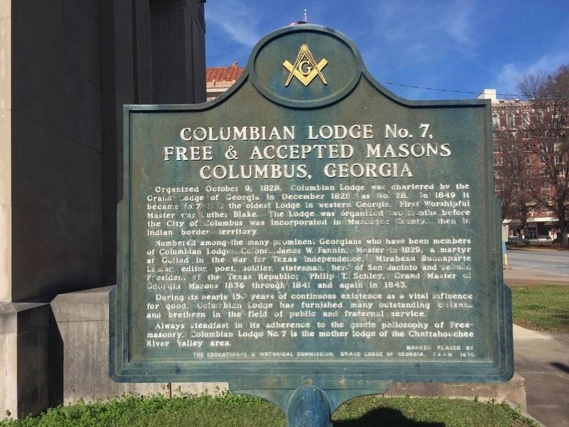 Columbian Lodge No. 7, Free & Accepted Masons Columbus, Georgia Marker image. Click for full size.