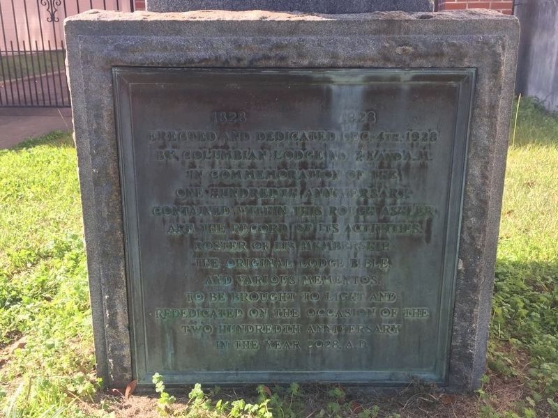 The nearby 100th anniversary marker for the Columbian Lodge No. 7 and its time capsule. image. Click for full size.