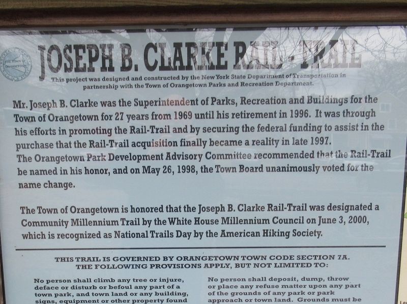 Joseph B. Clarke Rail Trail Marker. Click for full size. Joseph B. Clarke Rail Trail Marker image. Click for full size.