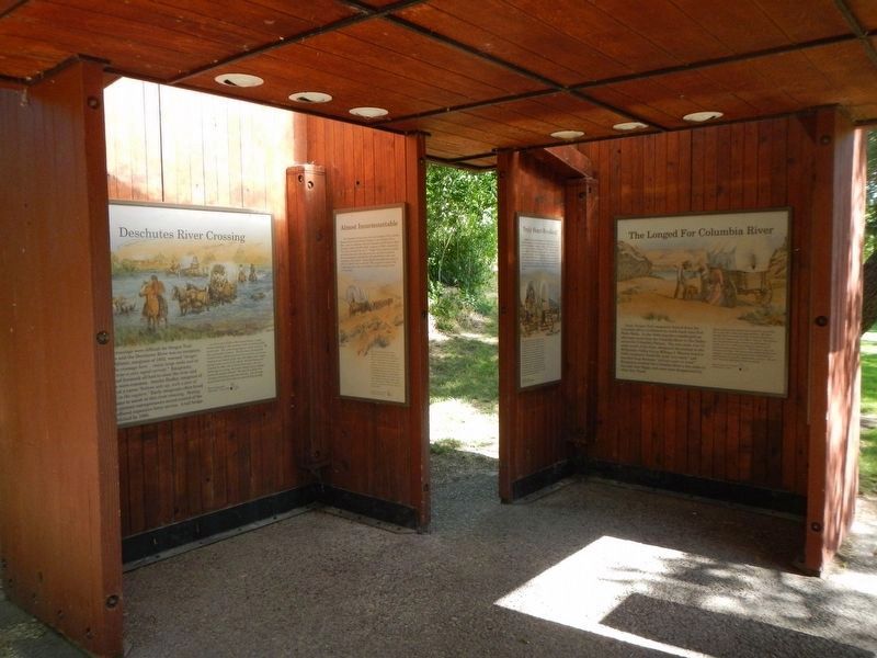 Deschutes River Crossing Oregon Trail Kiosk. Click for full size. Deschutes River Crossing Oregon Trail Kiosk image. Click for full size.