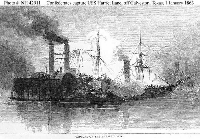 Confederate Ship <i>Bayou City</i> captures the USS <i>Harriet Lane</i> image. Click for full size.