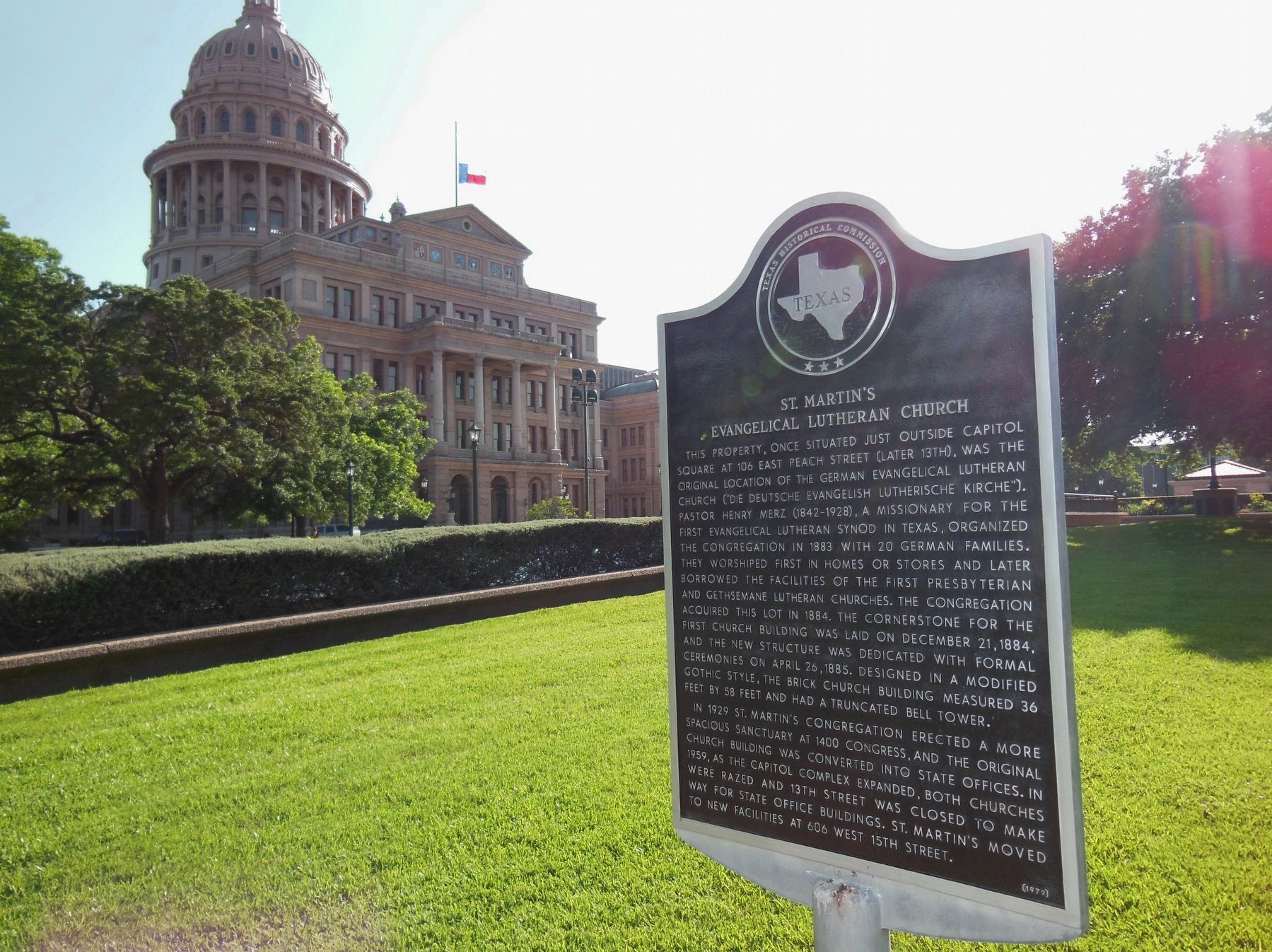 St. Martin’s Evangelical Lutheran Church Marker (<i>wide view; Texas Capitol in background</i>) image. Click for full size.