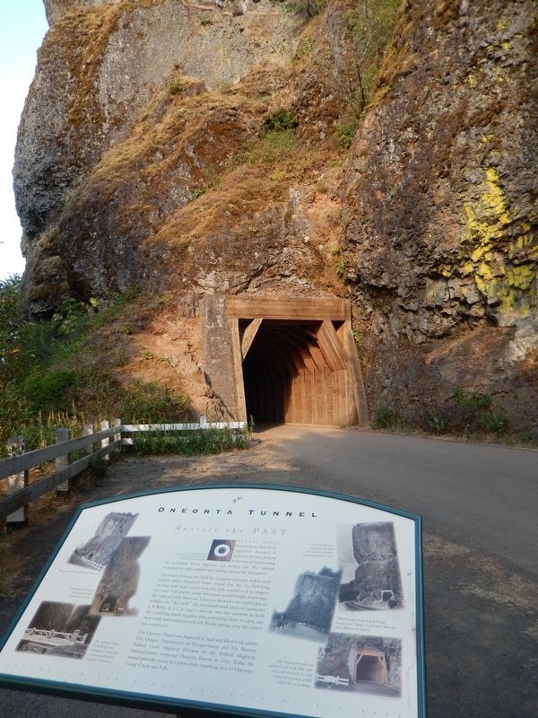 Oneonta Tunnel Marker (<i>tall view; west tunnel portal in background</i>) image, Touch for more information
