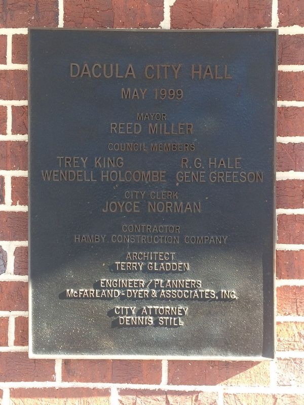 An additional dedicatory marker for the Dacula City Hall, to the right of its entrance. Click for full size. An additional dedicatory marker for the Dacula City Hall, to the right of its entrance image. Click for full size.