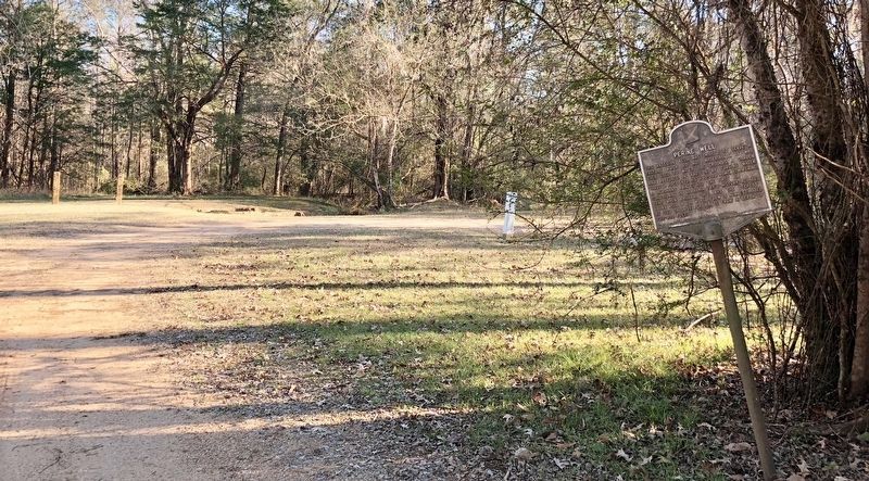 Perine Well Marker with well visible in center background. image. Click for full size.