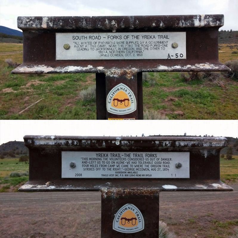 South Road - Forks Of The Yreka Trail / Yreka Trail - The Trail Forks Marker. Click for full size. South Road - Forks Of The Yreka Trail / Yreka Trail - The Trail Forks Marker image. Click for full size.