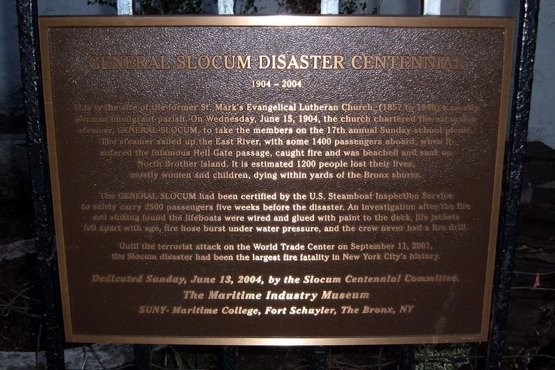 General Slocum Disaster Centennial Marker. Click for full size. General Slocum Disaster Centennial Marker image. Click for full size.