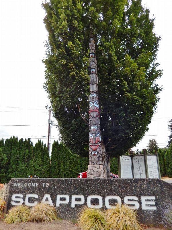 Welcome to Scappoose Totem Pole (<i>adjacent to marker</i>). Click for full size. Welcome to Scappoose Totem Pole (<i>adjacent to marker</i>) image. Click for full size.