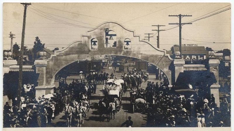 <i>Parade through Mission Arch</i> image. Click for full size.