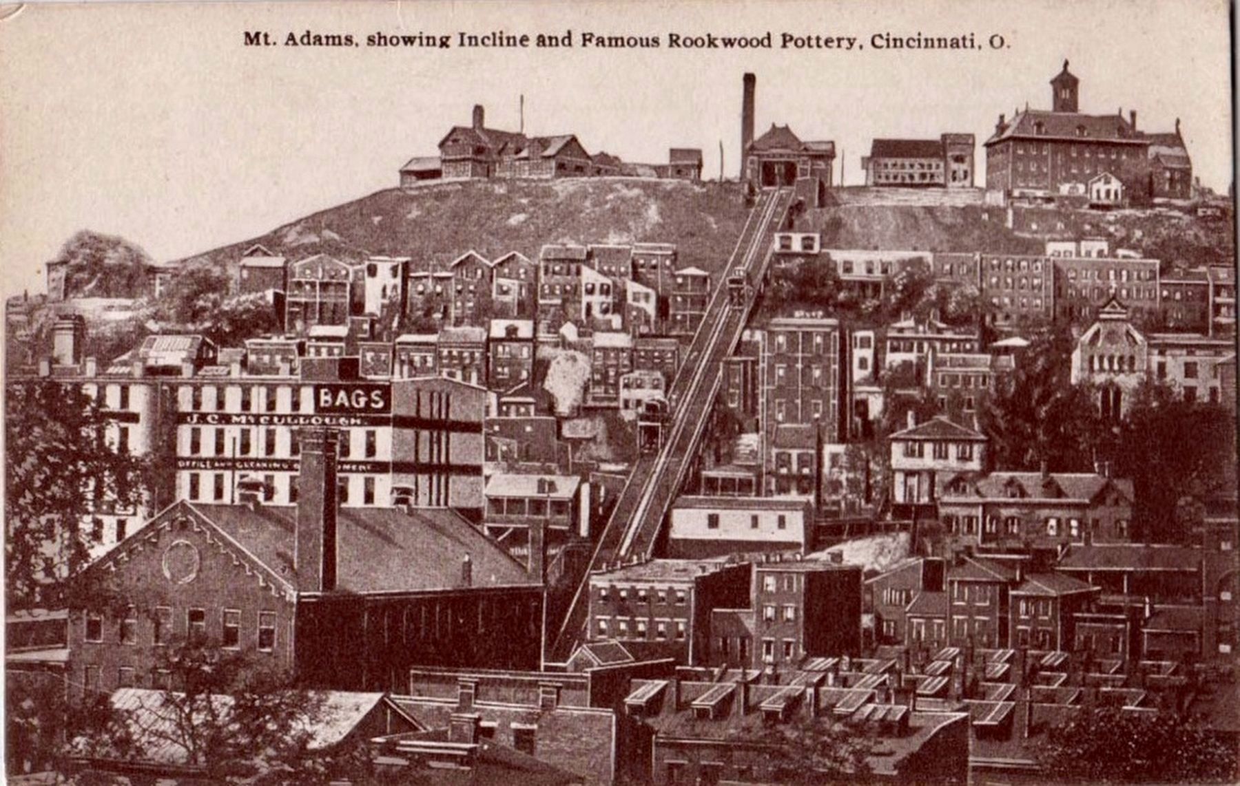 <i>Mt. Adams, showing Incline and Famous Rookwood Pottery, Cincinnati, O.</i> image. Click for full size.