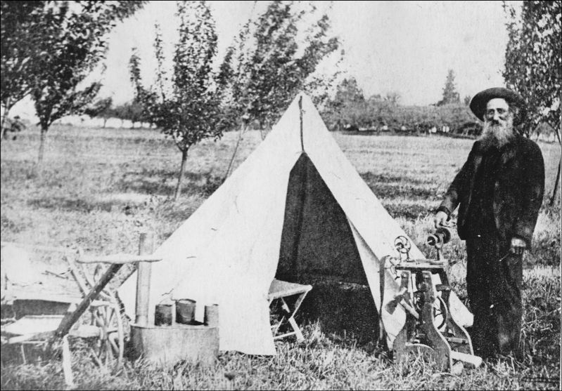 Old Shep with his tent and grindstone. image. Click for full size.