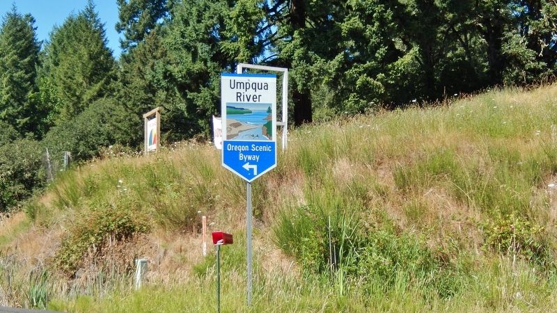 Umpqua River Scenic Byway sign (<i>near marker</i>). Click for full size. Umpqua River Scenic Byway sign (<i>near marker</i>) image. Click for full size.