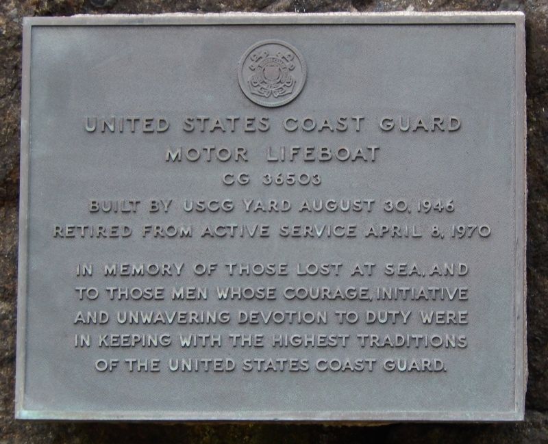 United States Coast Guard Motor Lifeboat CG 36503 Marker. Click for full size. United States Coast Guard Motor Lifeboat CG 36503 Marker image. Click for full size.