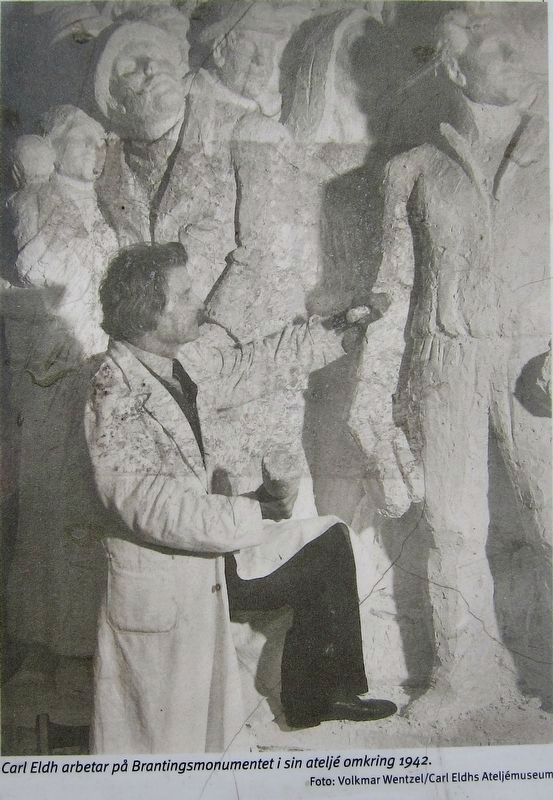 Marker Inset Photo: Carl Eldh works on the monument in his studio, about 1942. image. Click for full size.