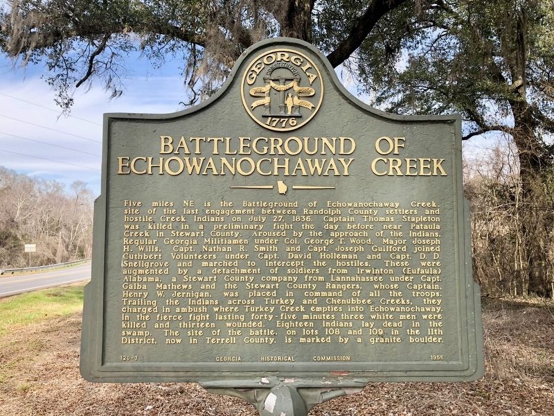 The Battleground of Echowanochaway Creek marker in Randolph County. image. Click for full size.
