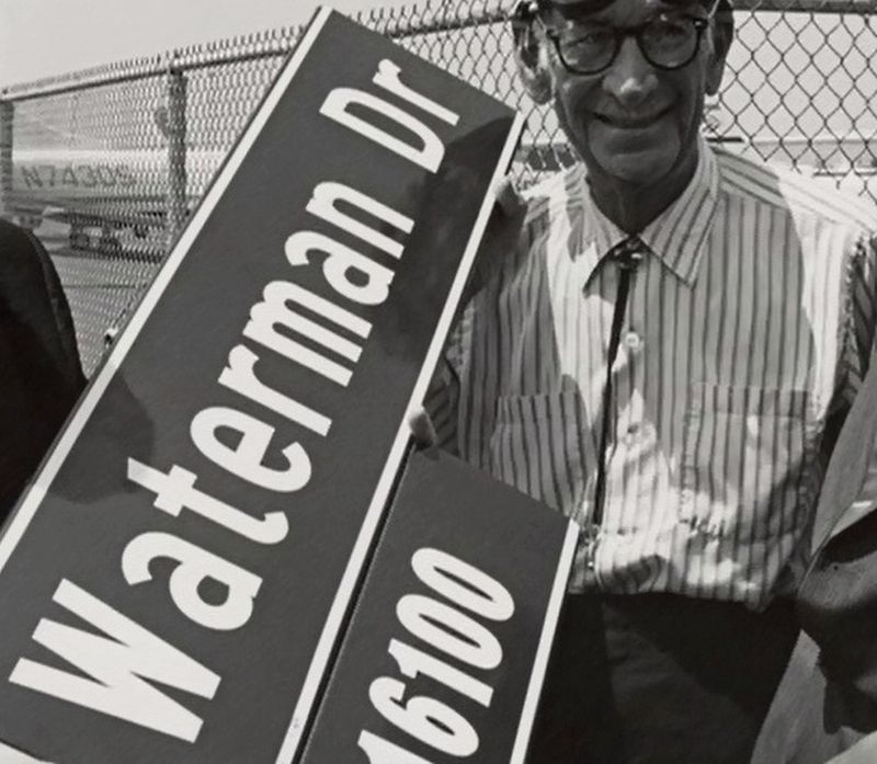 Waldo Waterman, first airport manager, honored with street name. Click for full size. Waldo Waterman, first airport manager, honored with street name image. Click for full size.