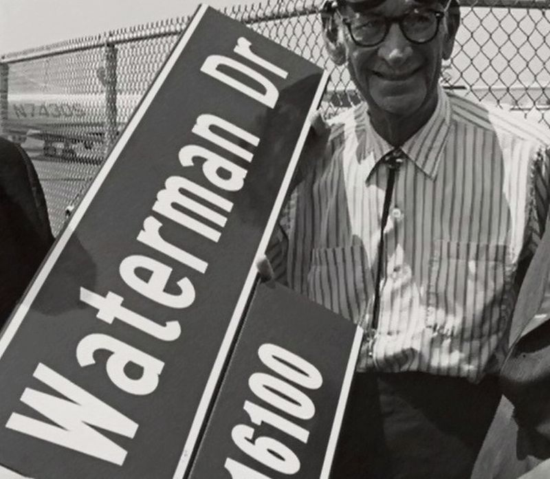 Waldo Waterman, first airport manager, honored with street name image. Click for full size.