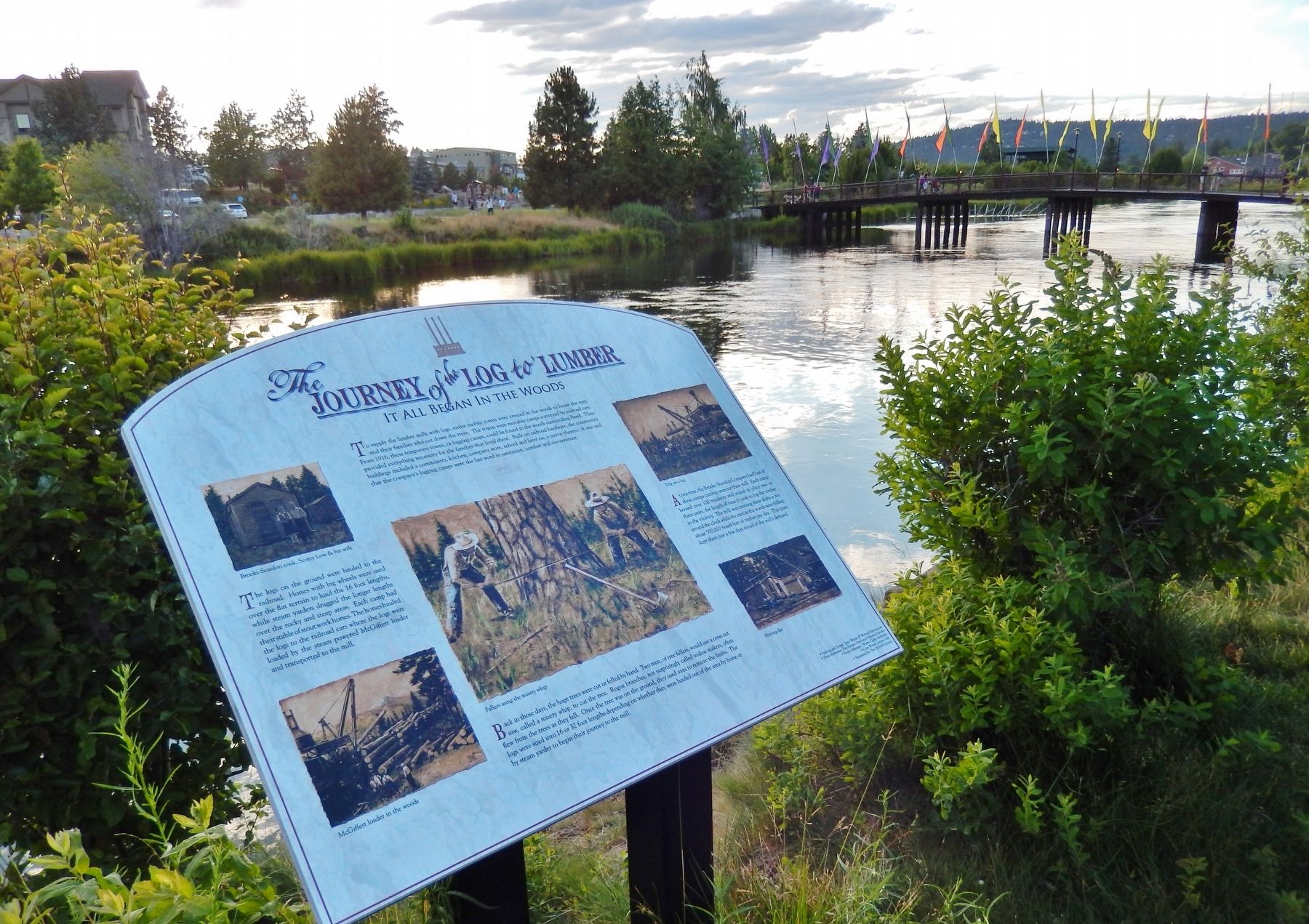 Journey of the Log to Lumber Marker (<i>wide view; Deschutes River in background</i>) image. Click for full size.