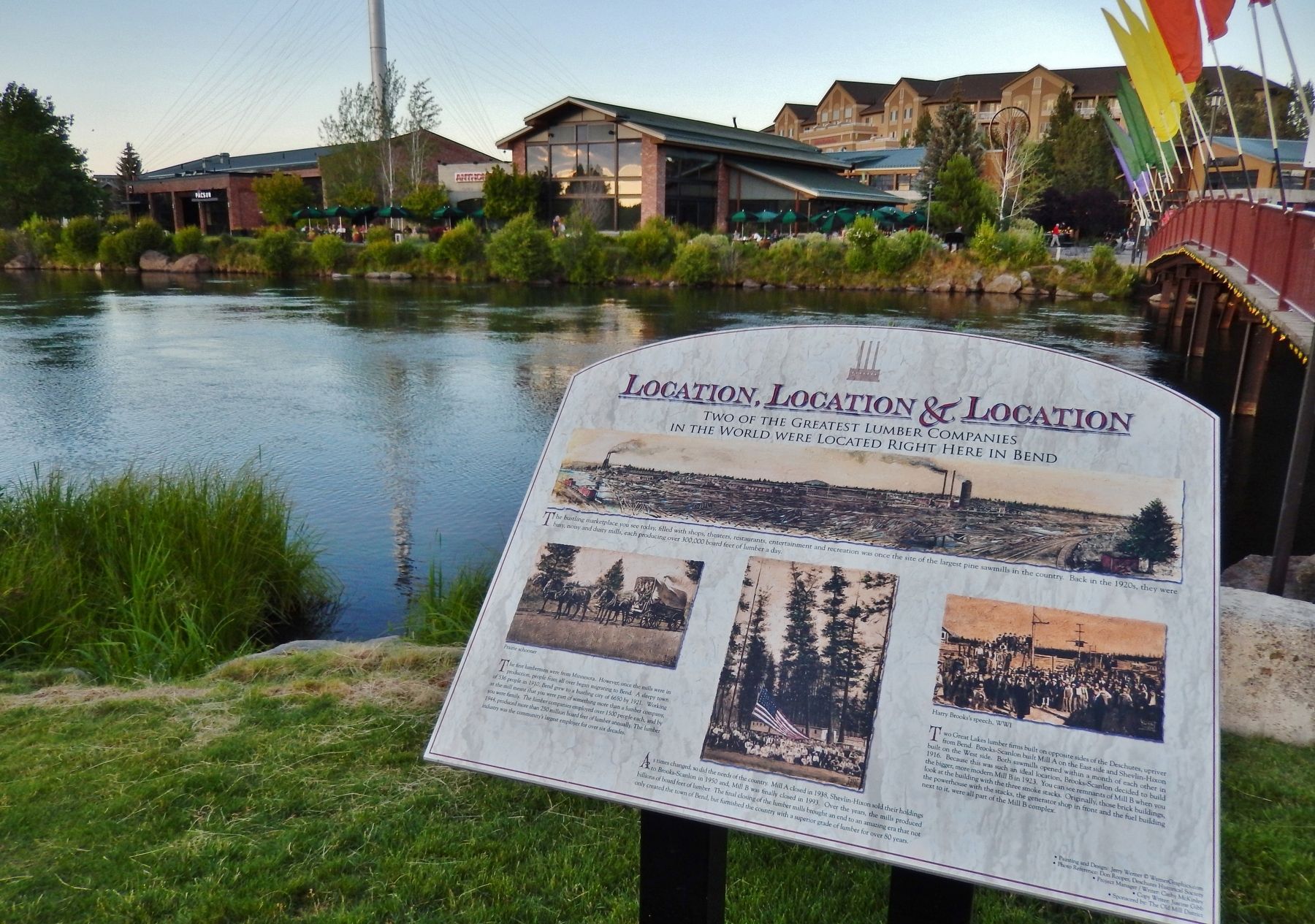Location, Location & Location Marker (<i>wide view; Deschutes River & foot bridge in background</i>) image. Click for full size.