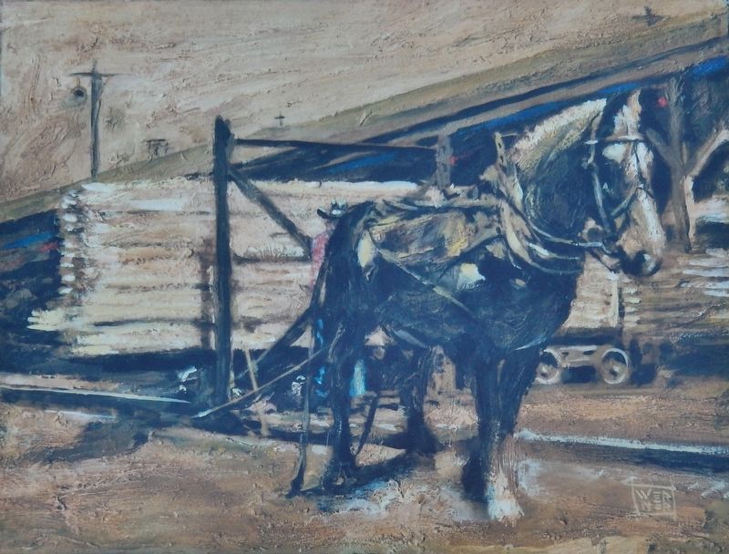 Marker detail: Sandy, the horse, pulling lumber image. Click for full size.