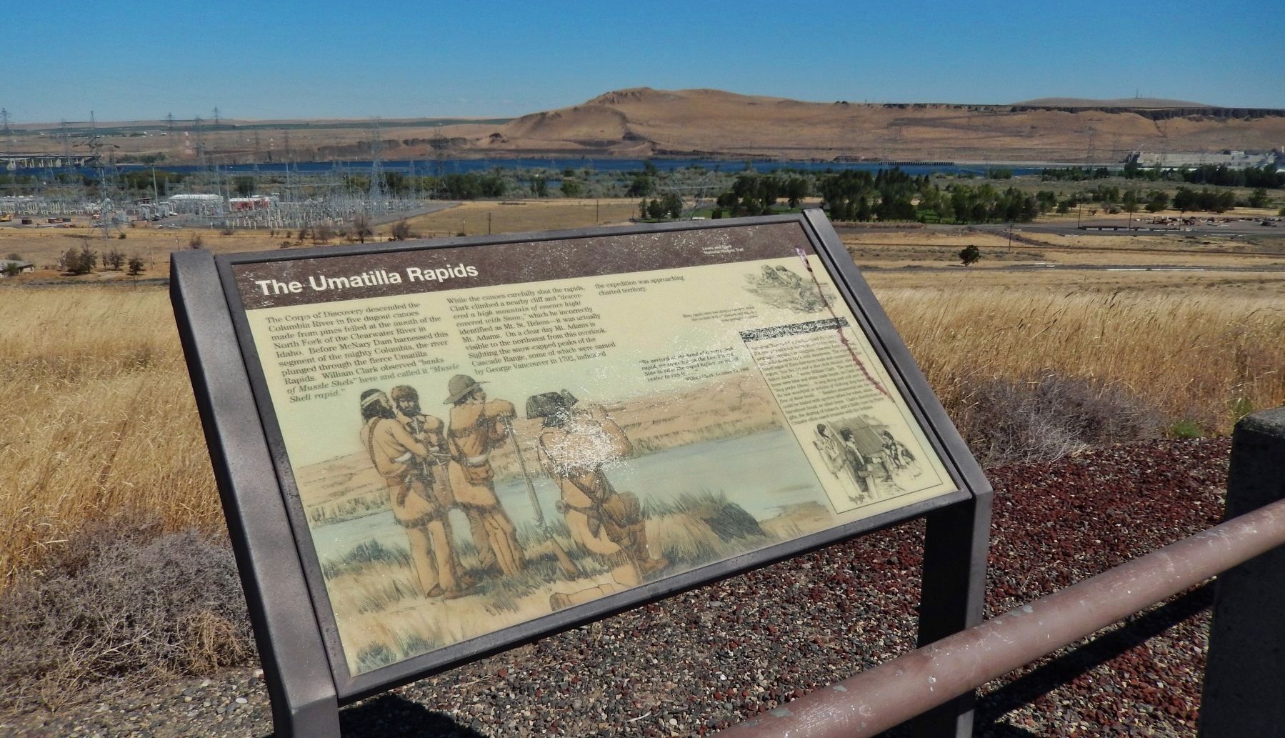 The Umatilla Rapids Marker (<i>wide view; Columbia River & McNary Dam in the background</i>) image. Click for full size.