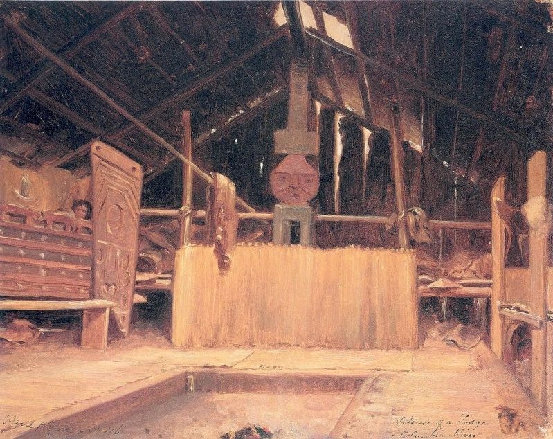 The interior of a ceremonial lodge in the Columbia River region painted by Paul Kane in 1846 image. Click for full size.