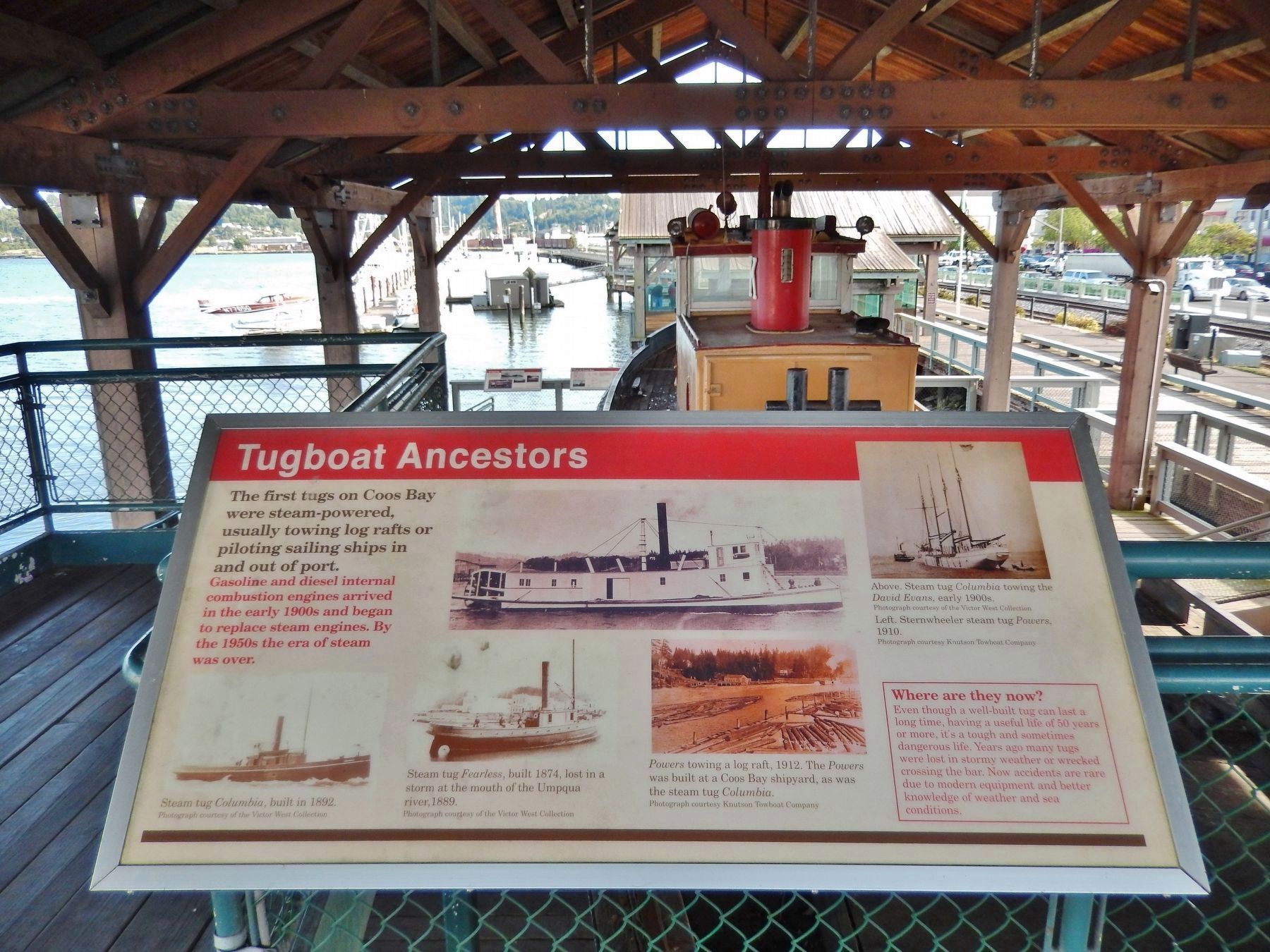 Tugboat Ancestors Marker (<i>wide view; Coos Bay Board Walk to the right</i>). Click for full size. Tugboat Ancestors Marker (<i>wide view; Coos Bay Board Walk to the right</i>) image. Click for full size.
