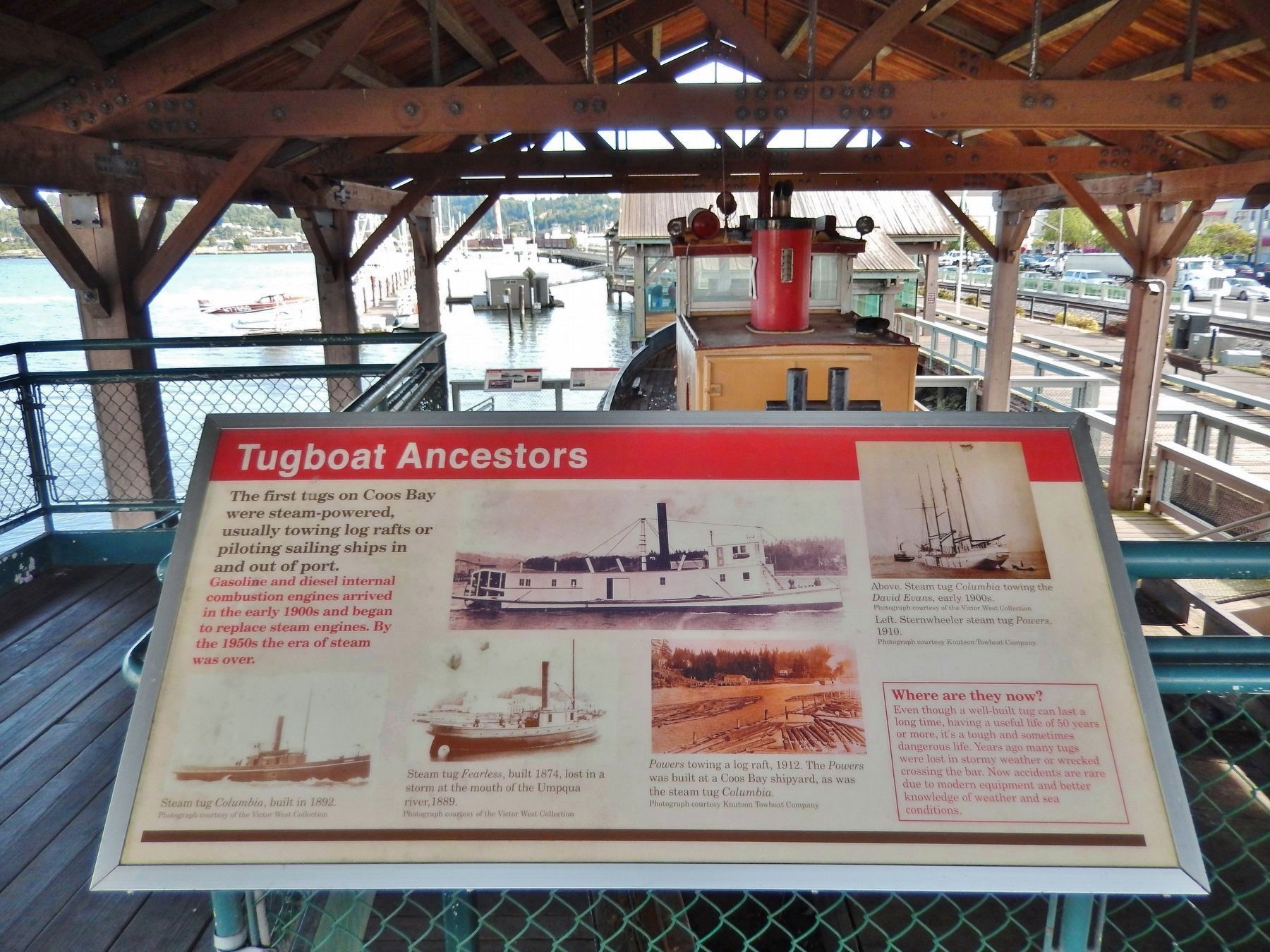 Tugboat Ancestors Marker (<i>wide view; Coos Bay Board Walk to the right</i>) image. Click for full size.