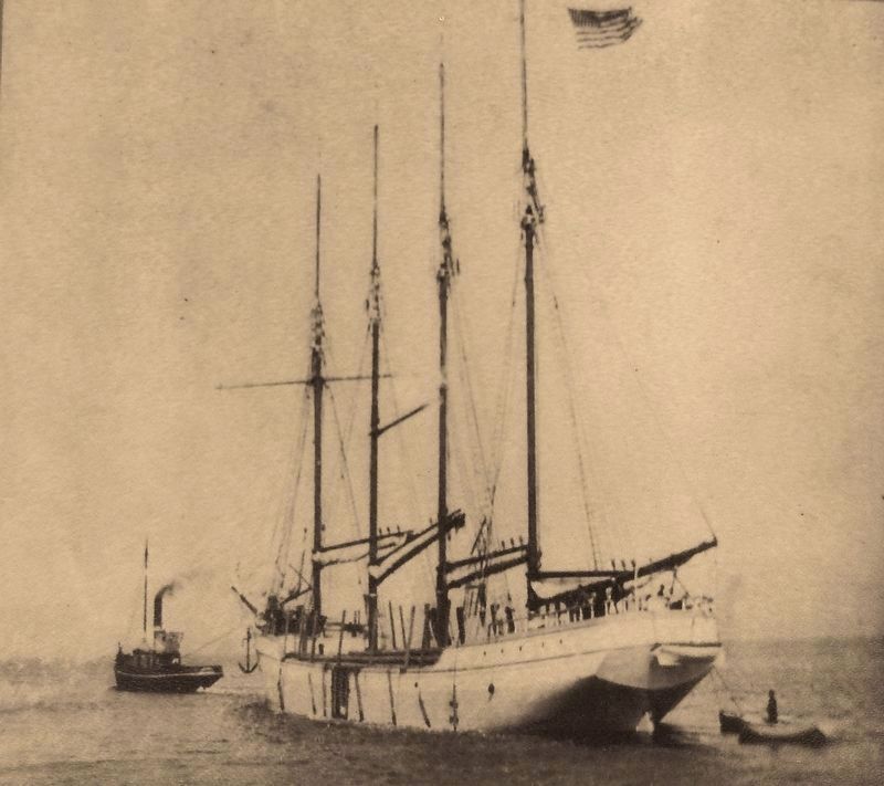 Marker detail: Steam tug <i>Columbia</i> towing the <i>David Evans</i>, early 1900s. Click for full size. Marker detail: Steam tug <i>Columbia</i> towing the <i>David Evans</i>, early 1900s image. Click for full size.