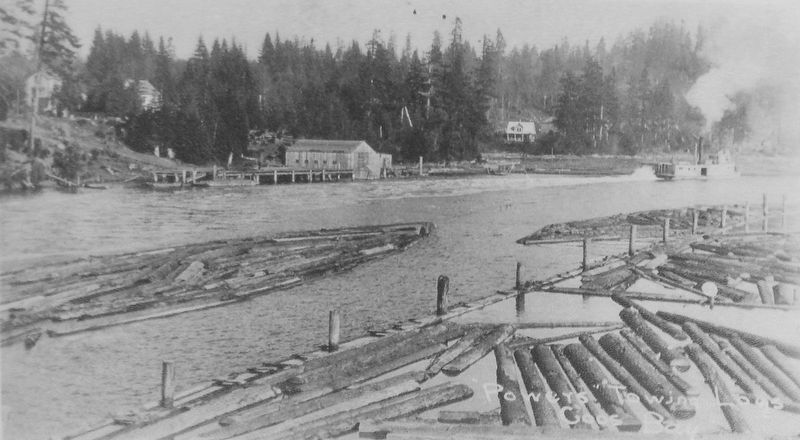 Marker detail: <i>Powers</i> towing a log raft, 1912 image. Click for full size.