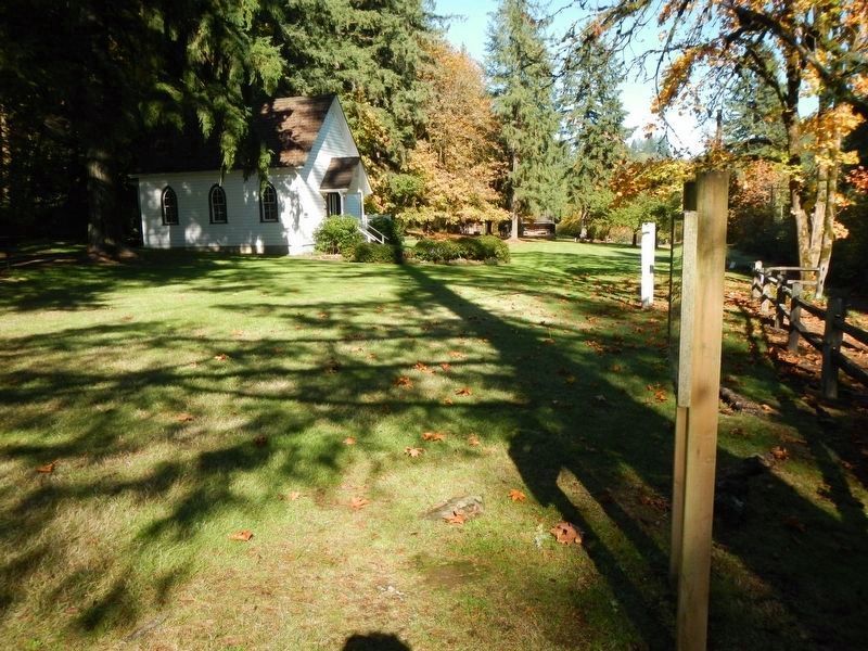 Baker Cabin Historical Society Marker (side on view), Pioneer Church and Boundary Stone (?). Click for full size. Baker Cabin Historical Society Marker (side on view), Pioneer Church and Boundary Stone (?) image. Click for full size.