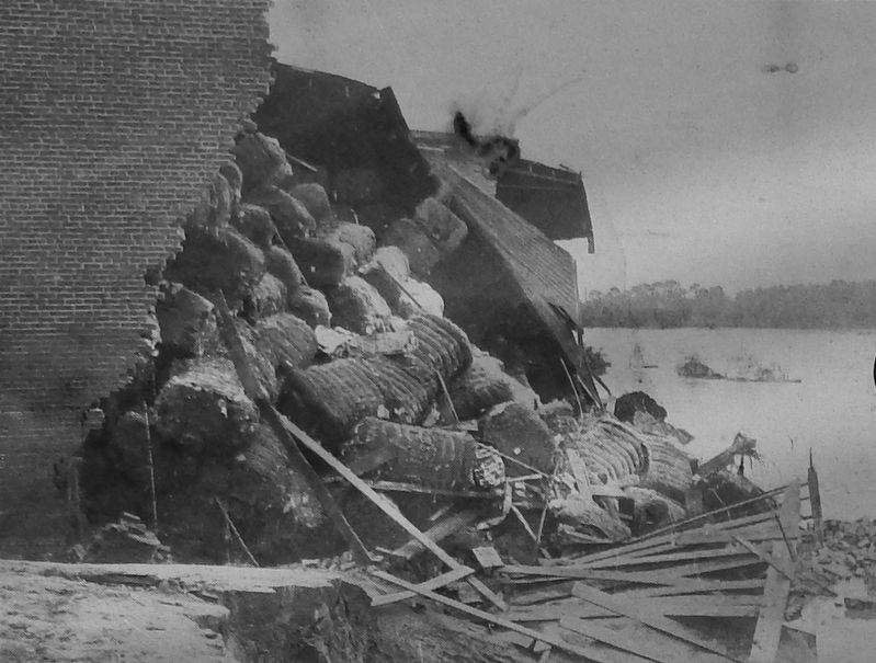 Marker detail: Destruction of a cotton warehouse after the flood of 1888 image. Click for full size.