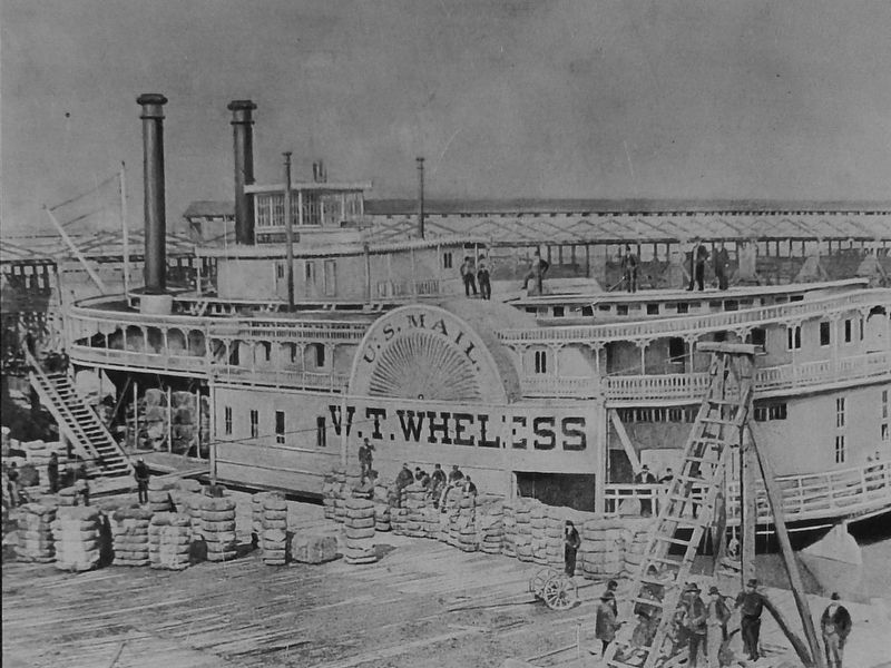 Marker detail: Steamboat loaded with bales of cotton at the Fifth Street Dock, c1860 image. Click for full size.