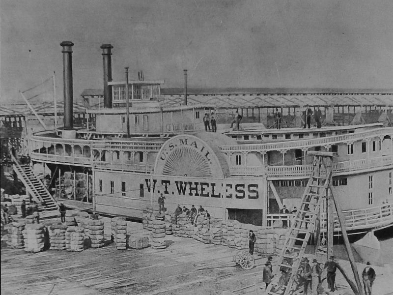 Marker detail: Steamboat loaded with bales of cotton at the Fifth Street Dock, c1860. Click for full size. Marker detail: Steamboat loaded with bales of cotton at the Fifth Street Dock, c1860 image. Click for full size.