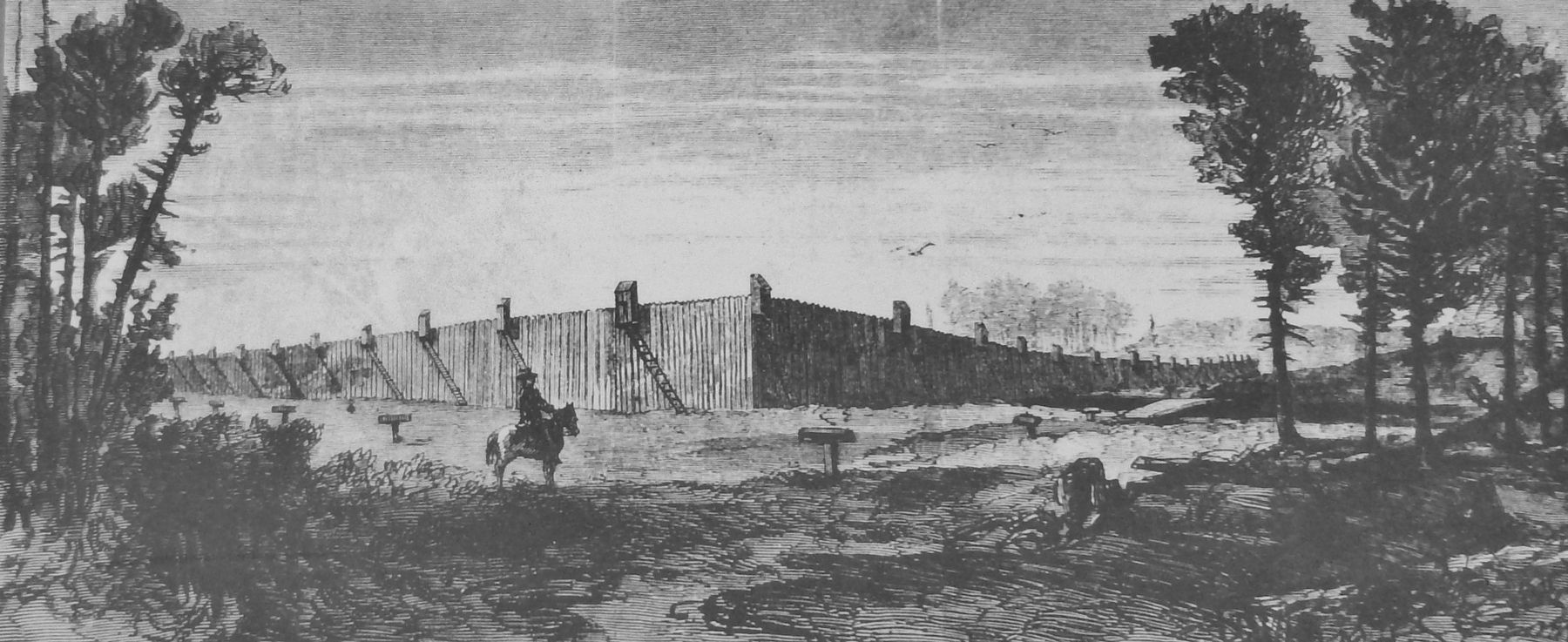 Marker detail: Exterior view of the prison pen at Millen, <i>Harper's Magazine,</i> 1864 image. Click for full size.
