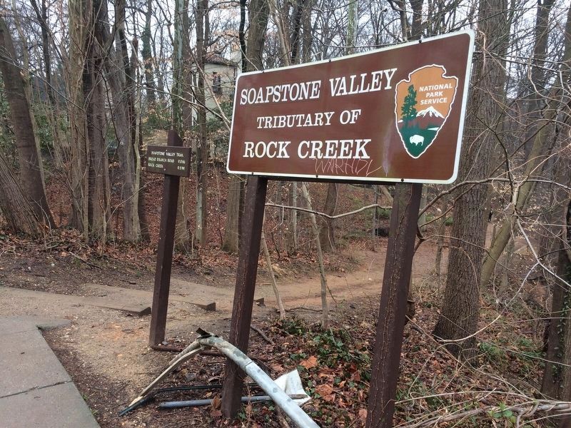 Sign at the entrance of the Soapstone Valley nearby on Albemarle St NW, west of Connecticut Ave NW. Click for full size. Sign at the entrance of the Soapstone Valley nearby on Albemarle St NW, west of Connecticut Ave NW image. Click for full size.