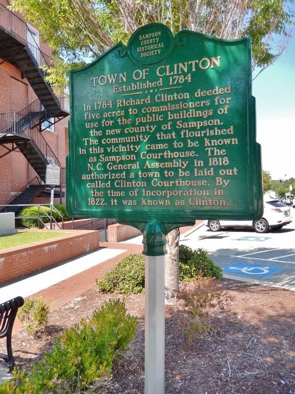 Town of Clinton Marker (<i>tall view; "Richard Clinton" marker visible in background, left</i>) image. Click for full size.